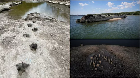 Pegada de dinossauros, navio da Segunda Guerra, estátua budista e um ‘Stonehenge’: veja o que emergiu com a seca de rios e reservatórios;
